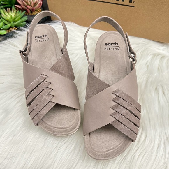 NIB Earth Suzie 8M Leather Woven Lightweight Slingback Sandals Taupe - Picture 2 of 12